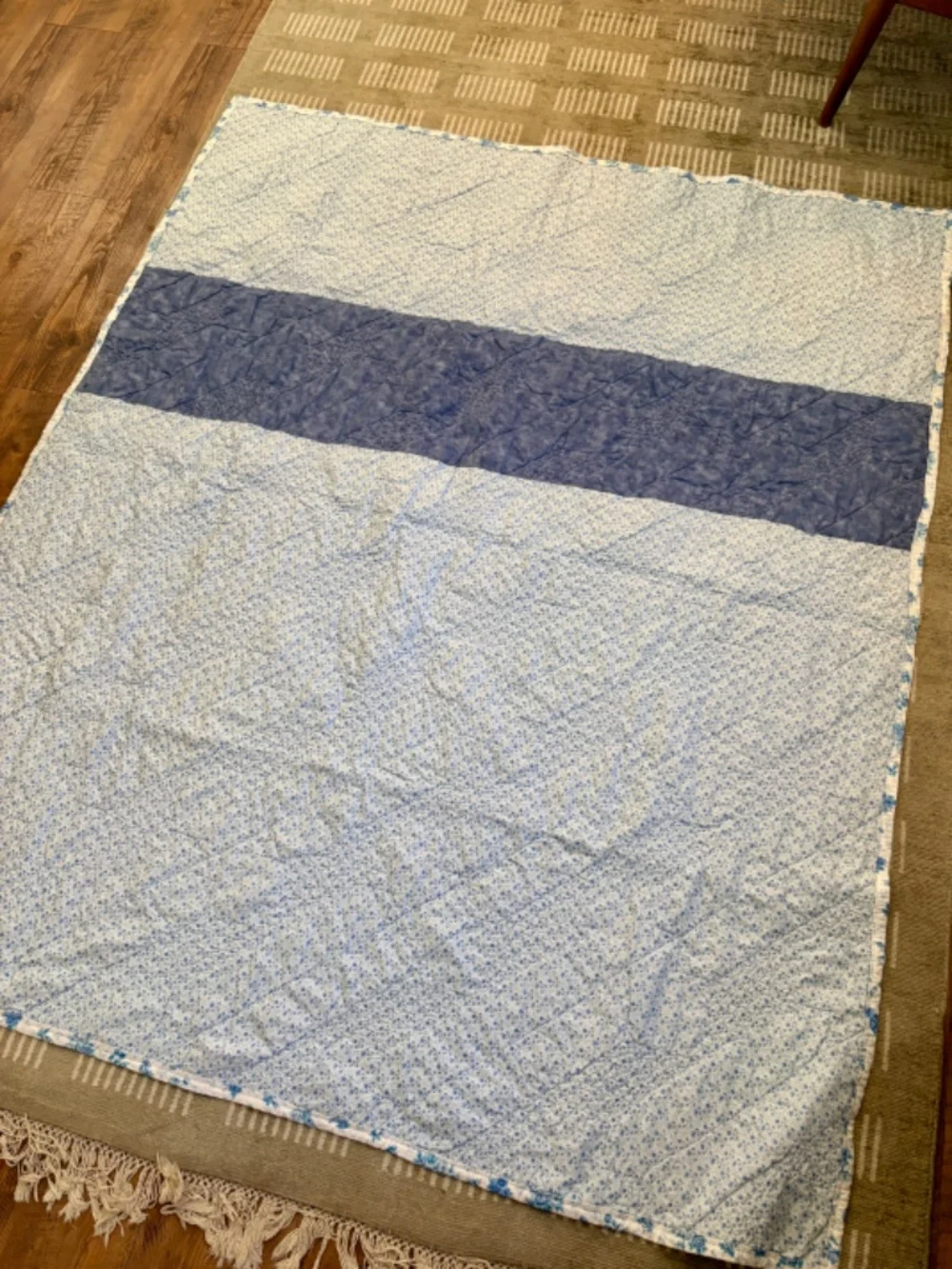 Handmade Jacob's Ladder Quilt Blue White Floral Throw Lap Quilt 58x69 Cotton